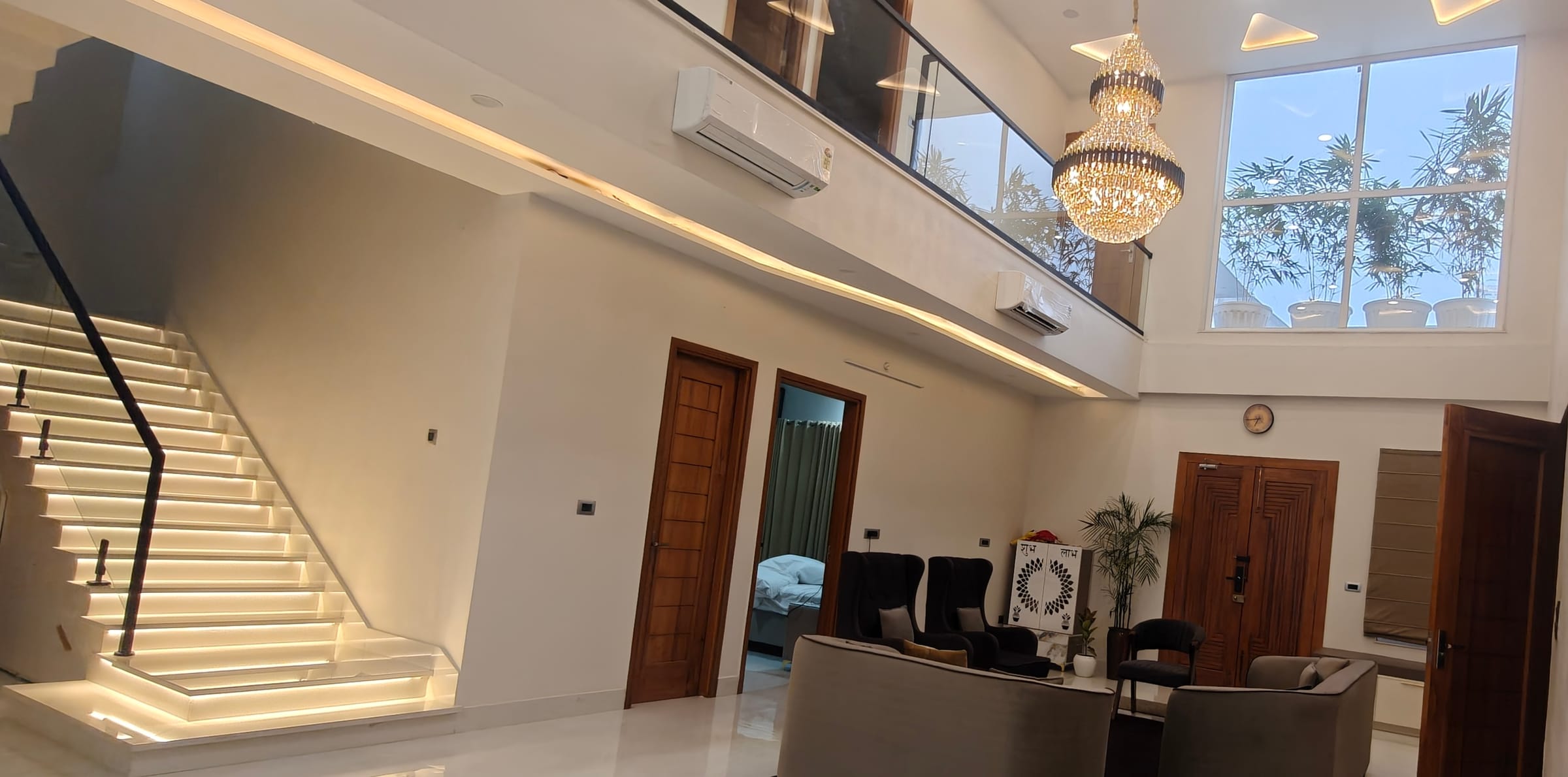 The double-height living room